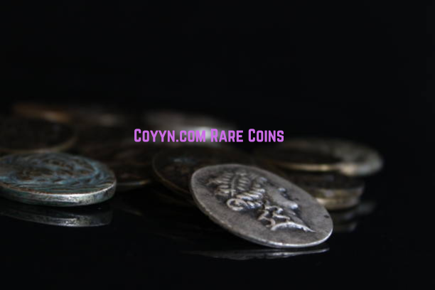 A collection of rare coins displayed on a velvet background.
