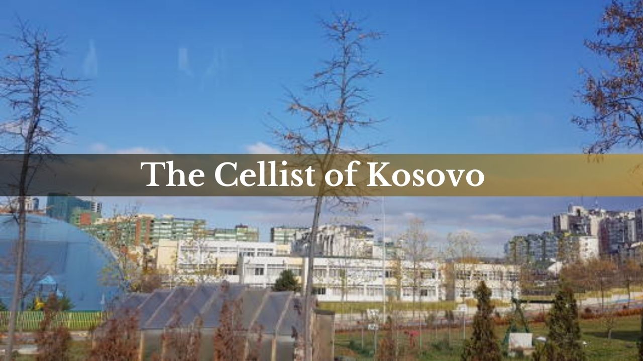 A cellist performing in the ruins of Kosovo, showcasing the power of music to inspire hope during war.