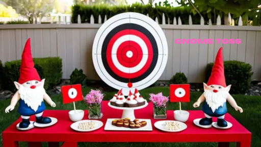 Colorful garden gnomes ready for a Gnome Toss competition.