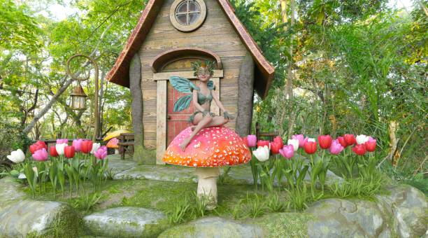 Colorful gnome characters building a whimsical village in a magical forest.